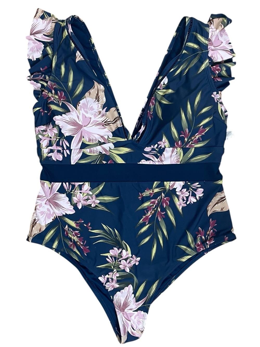 CUPSHE Floral One Piece Swimsuit Women 2X Ruffle V Neck Blue Bathing Suit